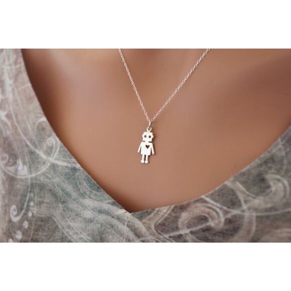 Sterling Silver Robot Charm Necklace, Robot Pendant Necklace, Robot Necklace - Picture 3 of 3
